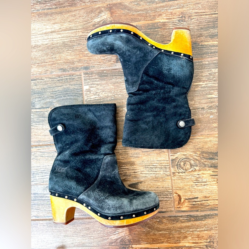 UGG wood sole clog boots black suede shearling cowgirl 7